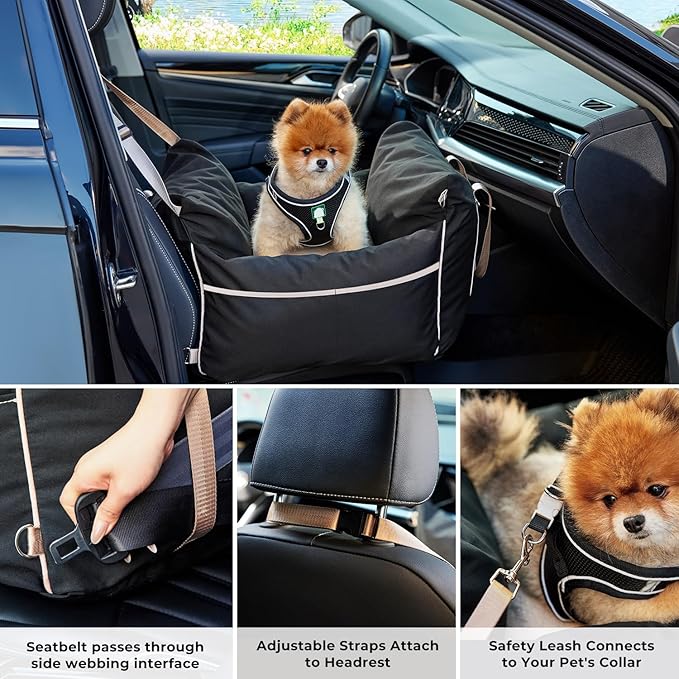 Dog Car Seat for Small to Medium Dogs - Waterproof Pet Booster Seat for Car with Clip-On Safety Leash, Travel Carrier for Puppy up to 25 lbs, Memory Foam Filling & Adjustable Buckles, Blue