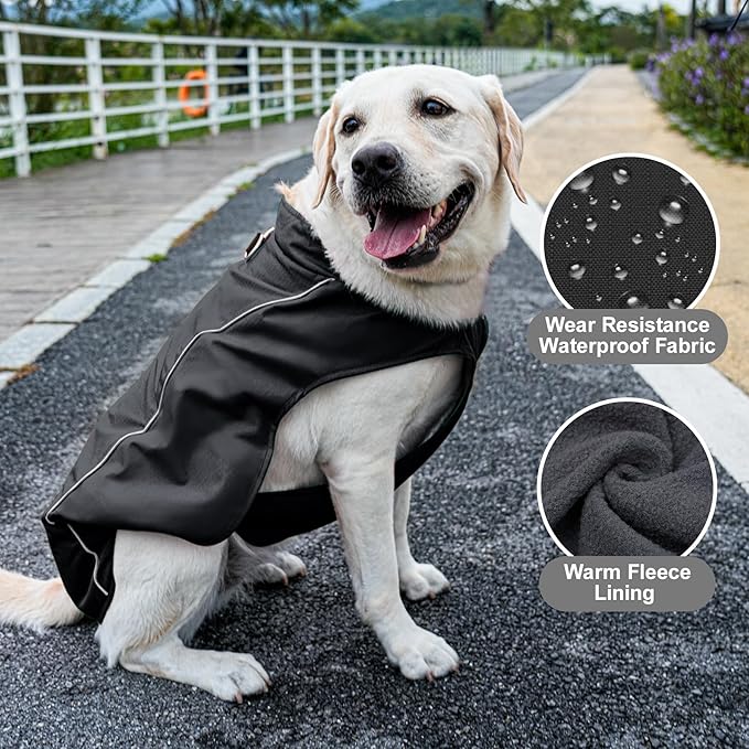 Outdoor Waterproof Dog Jacket for Extra Large Dogs,Doggie Coats with Harness Buitl in D-Ring Warm Fleece Dog Clothes for Cold Winter,Black 5XL