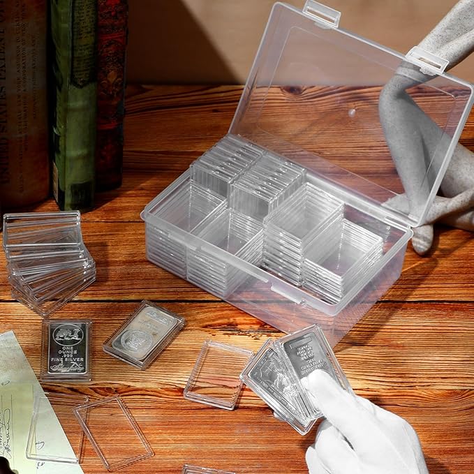 Batiyeer 50 Pcs 1 oz Silver Bar Case Holder Clear Acrylic Bar Capsule Storage Container for 1 Ounce Holder with Plastic Storage Box for Collectors Investors