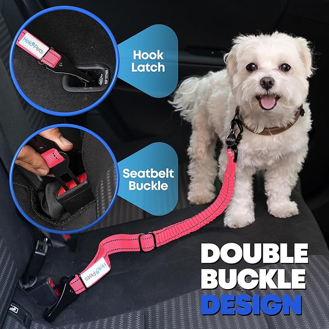 Dog Car Seat Belt 3-in-1 Adjustable Safety Seatbelt for Dogs in Car – Durable Extra Thick Nylon Webbing Bungee with Hook & Buckle Latch, Reflective Dog Harness (Pink).