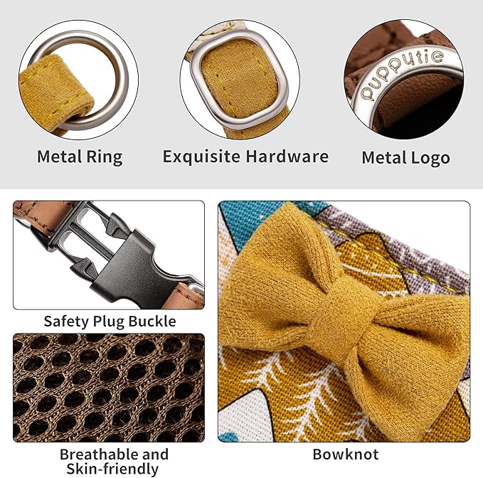 Puppytie No Pull xs Dog Harness with Multifunction Dog Leash,Soft Adjustable No Choke Escape Proof Pet Harness Vest,Suede Bow Yellow,XS