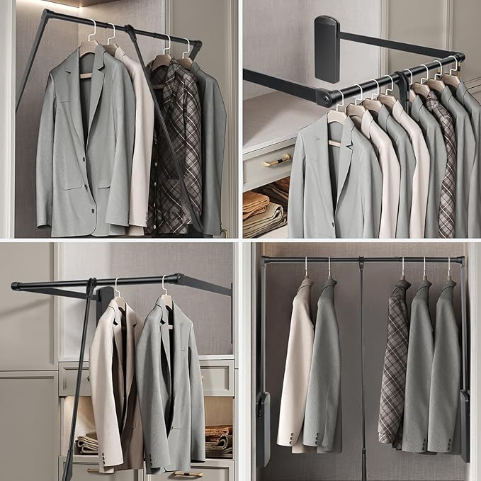 Pull Down Closet Rod, Adjustable 35-47.6 Inch Wardrobe Lift Rail Organizer Two-way Buffering Heavy Duty Wardrobe Hanger for Cabinet, Organizer Storage System Side Mounted, 33 lbs Load Capacity