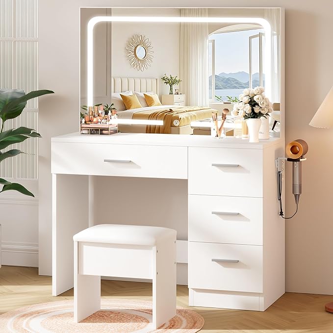 Makeup Vanity Desk Set, White, 35.4“W x 15.7" D x 53.9" H (Large Smart LED Mirror, with Cushion Stool, Hairdryer Rack, Power-Outlet, 4 Drawers)