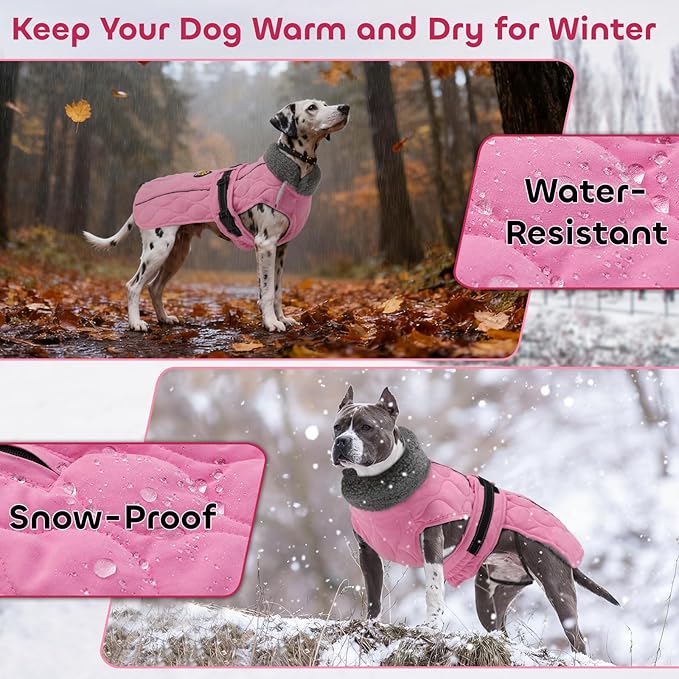 Dog Winter Jacket, Adjustable Water-Resistant Dog Warm Coat with Fleece Lining, Windproof Cold Weather Coats for Winter, Reflective Snow Jacket for Labrador Golden Retriever, NewPink XL