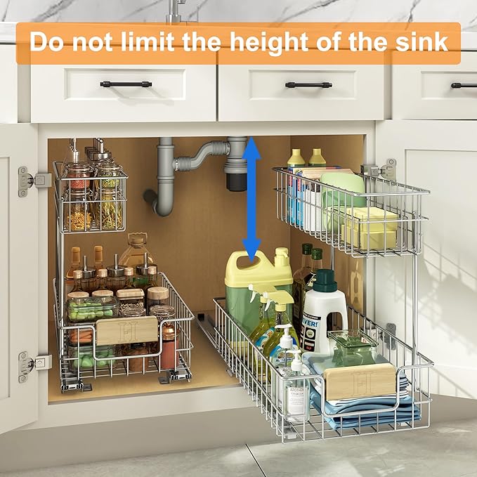 ROOMTEC Pull Out Cabinet Organizer, Under Sink Slide Out Storage Shelf with 2 Tier Sliding Wire Drawer, Sliding Storage for Inside Kitchen Cabinet- 11½ in. W x 21½ in. D (Right)