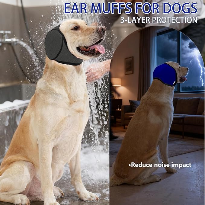 2Pcs Dog Ear Covers for Bath & Noise Protection,Adjustable Dog Ear Muffs Anxiety Relief Calming Hoodie Design,No Shake Ear Protection for Grooming,Swimming,Drying,Hematoma(Grey&Blue,L)