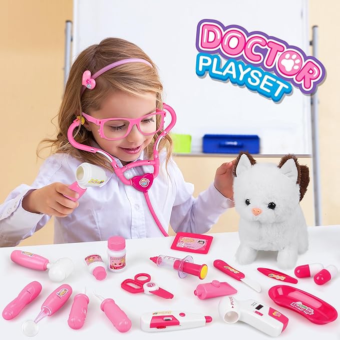 33Pcs Pet Doctor Kit for Toddlers - Dress Up Costume & Pretend Doctor Play Set with Cat Toy, Stethoscope, Portable Pet Vet Roleplay Toy, Christmas Birthday Gifts for Ages 3 4 5 6-8 Year Old Boys Girls