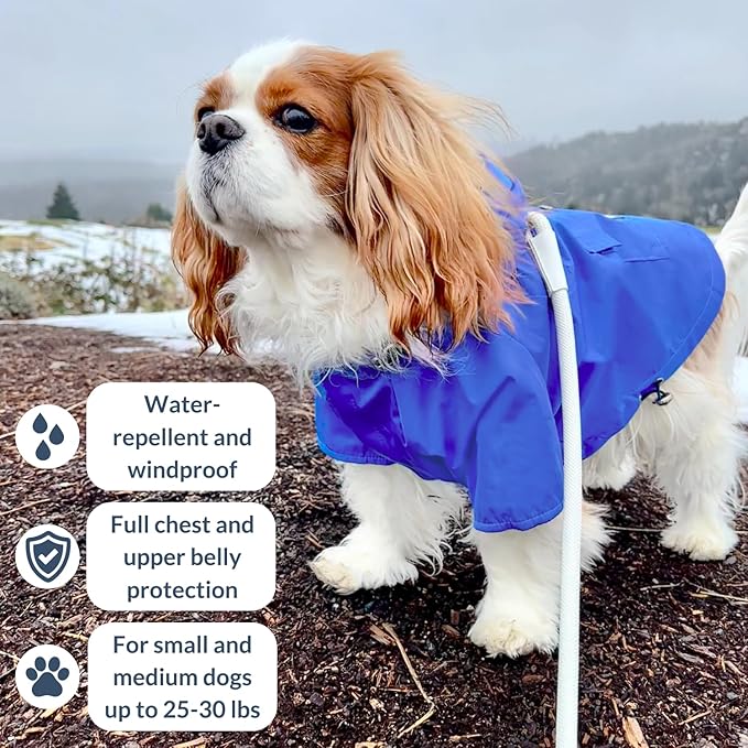 DJANGO Highland Dog Jacket & Raincoat – Water-Repellent, Lined Dog Coat with Hood, Adjustable Fit & Harness Hole – Lightweight Rain & Wind Jacket for Small & Medium Dogs up to 30 lbs (Blue, X-Small)