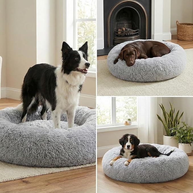 Calming Pet Bed with Water-Resistant Inner Liner – Anti-Anxiety Donut Dog & Cat Bed with Removable Washable Cover – Supportive Plush Nest, Non-Slip & Cushion Protection – Medium, Grey