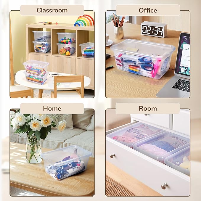 GAMENOTE 6 Quart Storage Bins with Lids,6 Pack Transparent Plastic Latching Box for Classroom & Kids Toy Storage Clear Stackable Shoe Box Size Containers for STEM Morning Tubs, Crafts&Building Blocks