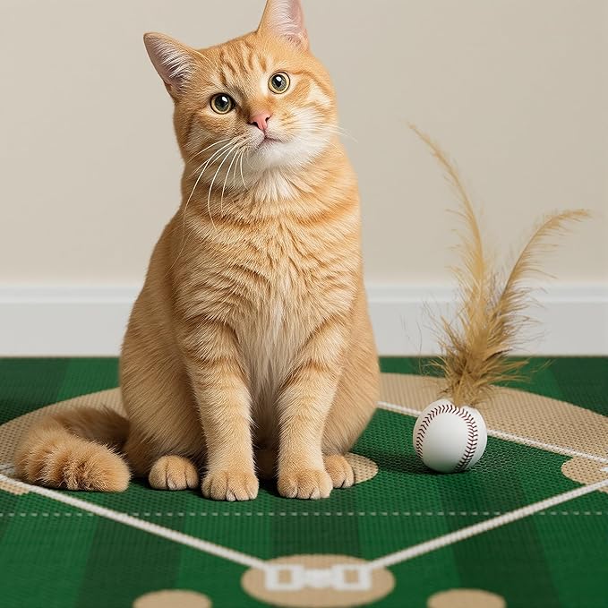 Cat Scratching Board - Baseball Sports Field Design with Elastic Ball, Hide-and-Seek Holes, and Interactive Play Box for Indoor Cats
