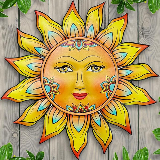 Metal Sun Flower Wall Decor - 13 inches Sun Wall Art Hanging Decorations for Outdoor, Home Garden Yard Patio Fence Bedroom Decor, Gifts for Mom Friends