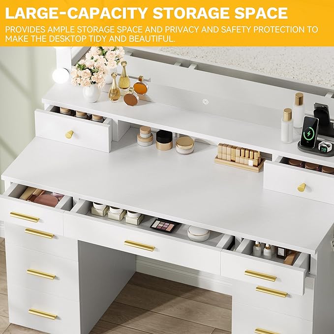 YITAHOME Large Vanity Desk with Mirror and Lights, Big Makeup Vanity with Power Outlets & 11 Drawers, 3 Lighting Modes Adjustable Bedroom Dressing Table for Bedroom, Dressing Room, White