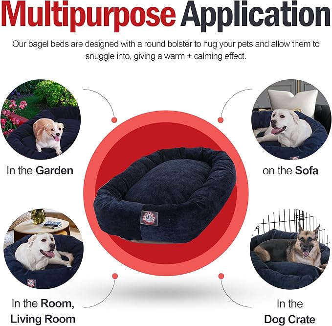 Majestic Pet Large Dog Bed, Washable Orthopedic Donut Cuddle Bed for Big Dogs, Calming Pet Bed with Bolster Support,Micro-Velvet Villa Navy Blue 40x29x9 Inch
