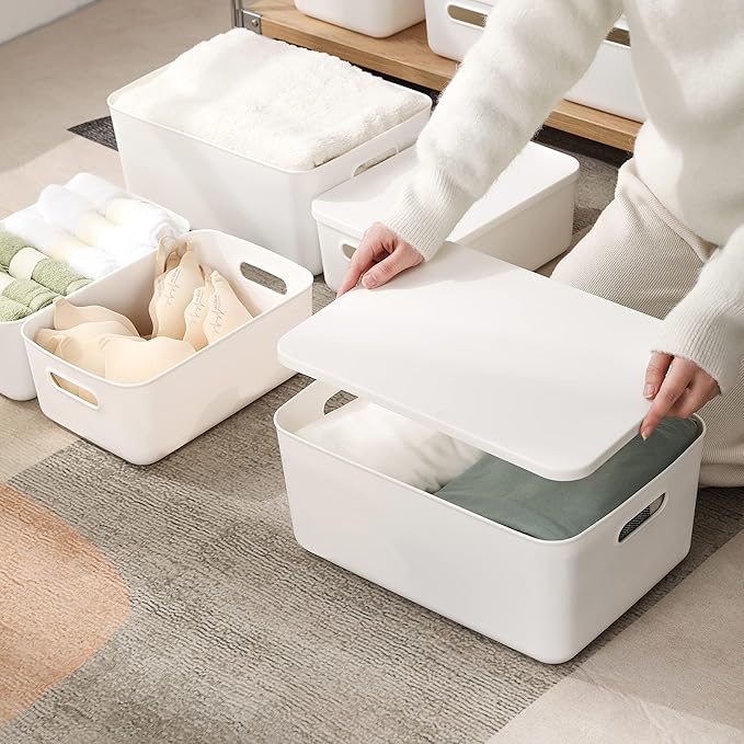 Plastic Storage Baskets Bins Boxes With Lids,Organizing Container White Storage Organizer Bins For Shelves Drawers Desktop Playroom Classroom Office,3-Pack(M+2S)