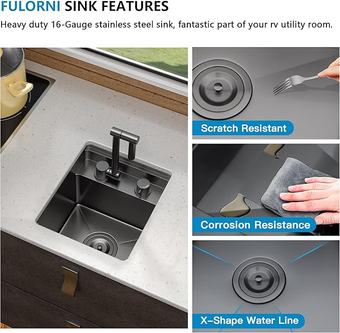 13"x15" Small RV Kitchen Sink – 16 Gauge 304 Stainless Steel Gunmetal Black NANO-PVD Undermount Single Bowl Basin with Foldable Faucet, for RV, Outdoor Camper, Mobile Home, Wet Bar