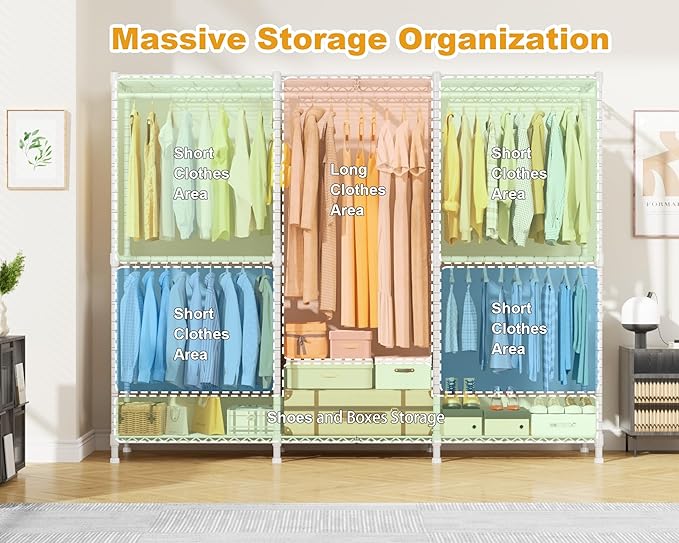 E14C Pro Heavy Duty Closet Organizer System，Freestanding Clothing Racks for Hanging Clothes，Adjustable Garment Rack 70.1"W × 16.6"D × 76.4"H Hold 960 lbs，White Rack with Grey Dustproof Cover