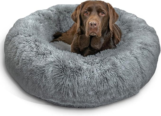 Best Friends by Sheri The Original Calming Donut Dog Bed – Washable Plush Pet Bed for Large Breeds up to 100 lbs, Shag Faux Fur, Gray, Large (36" x 36")