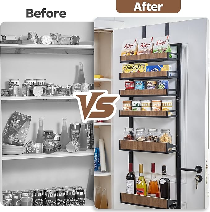 Fulifix Over The Door Pantry Organizer with Solid Wooden Baskets, 6-Tier Pantry Door Organizer Wall Mount, Metal Hanging Spice Rack Organization and Storage for Home, Kitchen, Cabinet