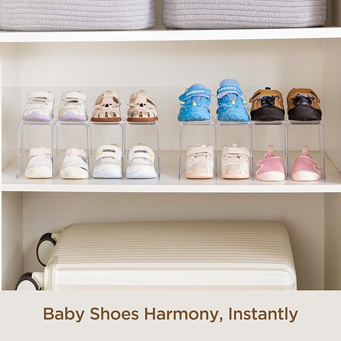 HBlife Clear Acrylic Kids Shoe Rack for Closet Organizers and Storage, Small Shoe Rack 4 Sections Toddler Baby Shoe Storage Organizer Stackable Shoe Shelf,Desk File Sorter Book Purse Organizer(3 Pack)