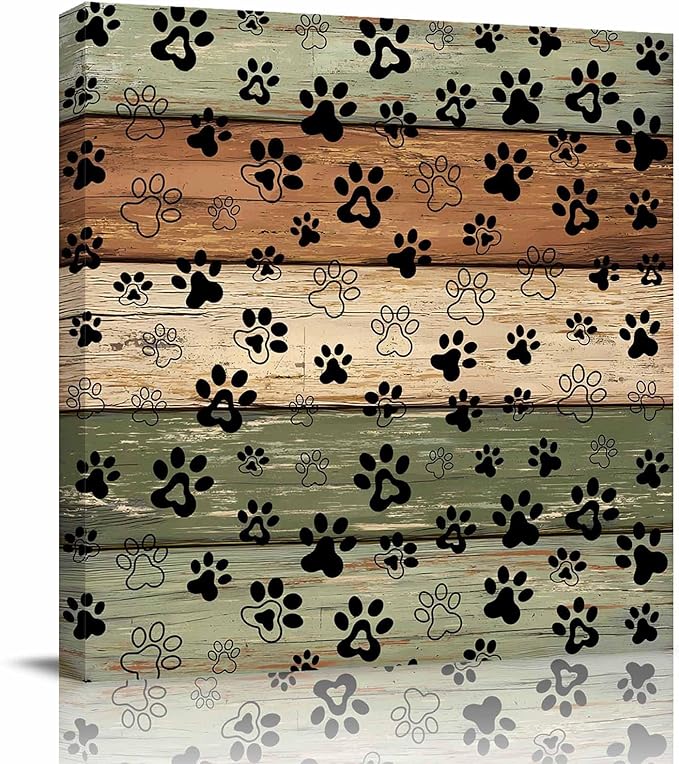 Framed Canvas Wall Art for Living Room Dog Paw Print Wall Decor, Retro Brown Green Wood Grain Aesthetic Paintings for Bedroom Office Kitchen Bathroom, Ready to Hang Artwork Wall Pictures 16x16 Inch