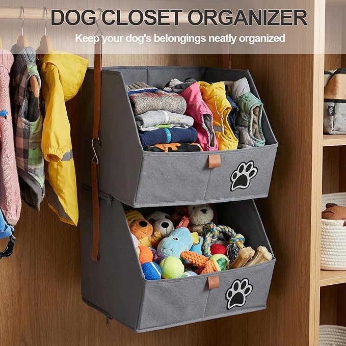 2-Tier Dog Shelves Storage Organizer, Dog Toy Basket, Hanging Closet Organizer for Pet, Fabric Storage Bins Dog Cabinet, Collapsible Baskets for Dog Toys,Colloar,Clothes,Blanket -Grey