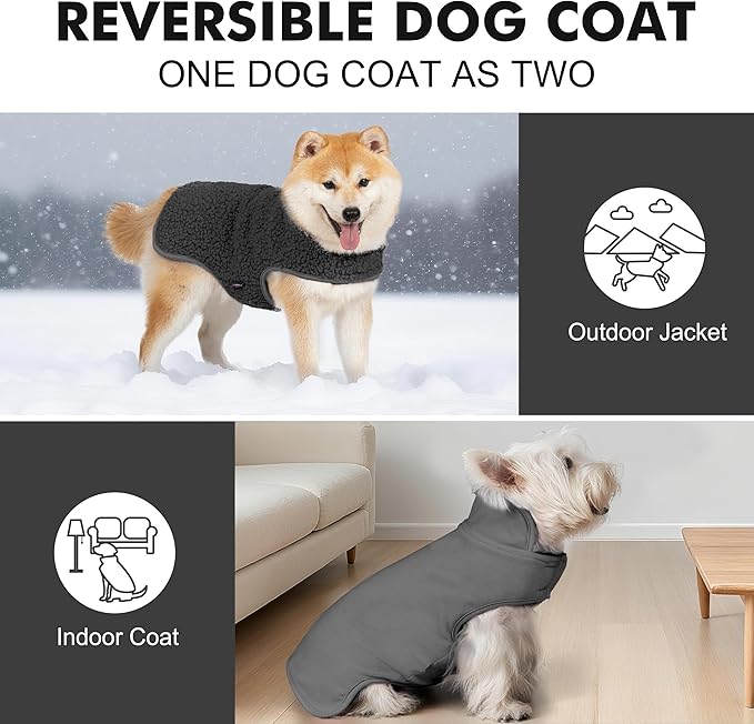 cyeollo Small Dog Coat, Sherpa Dog Winter Coat Reversible Warm Fleece Dogs Jackets Sweater Vest for Small Dogs Male with Leash Hole, Soft Cold Weather Pet Clothes, Dark Grey L
