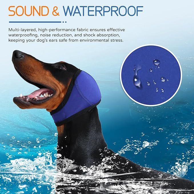 Dog Ear Muffs & Swim Cap and No Shake Ear Wrap for Bathing, Hematoma, Drying & Noise Anxiety Relief - Elastic Waterproof Ear Protection with Calming Hoodie for Grooming