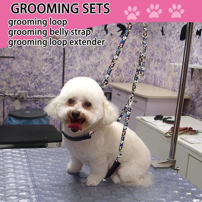 Dog Grooming Belly Straps – Adjustable Grooming Loops with Cute Paw & Bone Pattern Pet Grooming Belly Support Band Table Accessories for Small Medium Large Dogs(Pink)