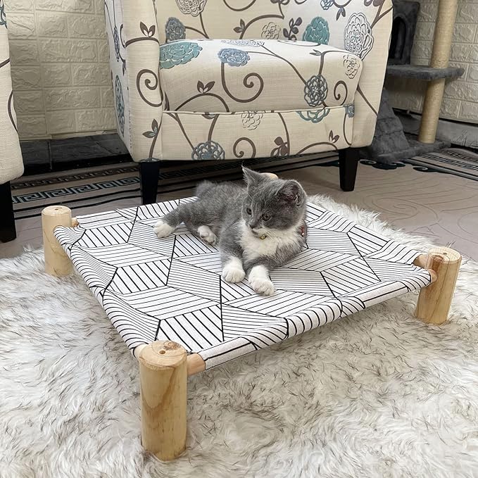 Pozico Cat/Dog Bed Hammock - Wooden Raised Indoor/Outdoor Beds - Breathable Mesh for Small Animals - White Diamond