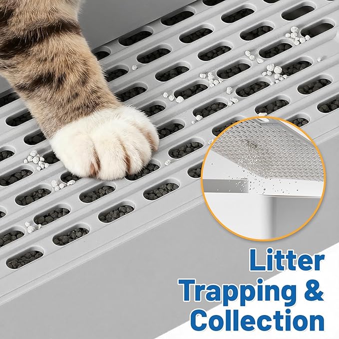 Adjustable Cat Litter Box Steps, 3-Step Non-Slip Ramp for Kittens Senior Cats Small Cats, Detachable Litter Catcher Tray, Fit Automatic Litter Boxes, Easy Clean, 13.5"x9"x7" (Light Grey)