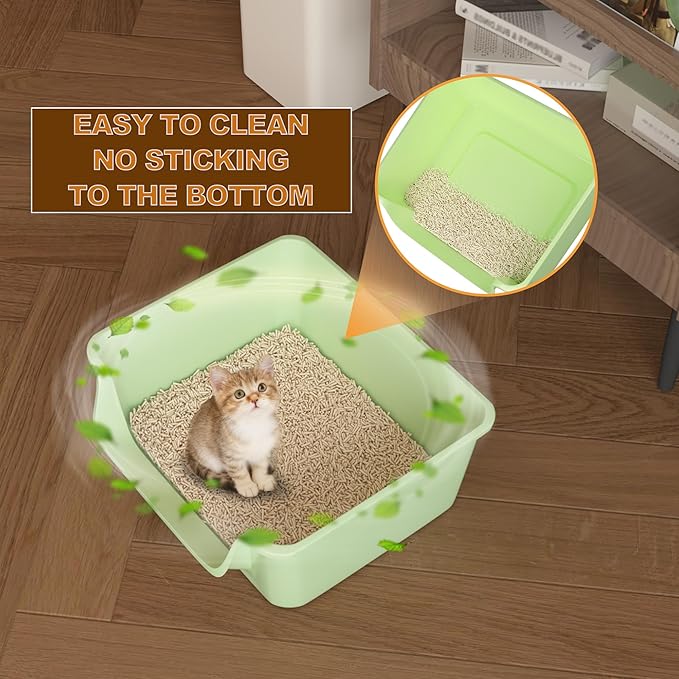 Open-Top Large High Sides Cat Litter Box with Low Entrance, Suitable for Small and Elderly Cats, Anti-Splash, 19.8” x15.6”x7.3” for Indoor Use (Green（Fluorescent Lime Green）)