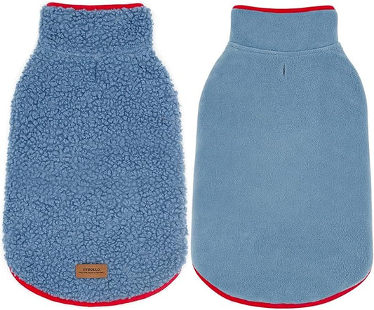 cyeollo Fleece Dog Jacket Sherpa Cozy Winter Dog Sweaters Reversible Pet Clothes Warm Cold Weather Coats for Small Dogs, Blue XL