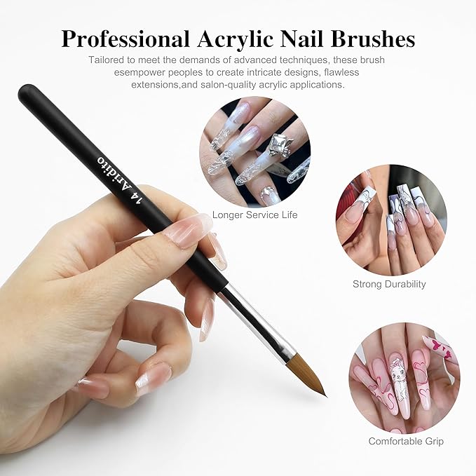 3pcs Acrylic Nail Brush Set | Black Professional-Grade Brushes For Powder, Extensions & Nail Art | Salon & Home Use For Beginner And Professional (Size 8/10/14)