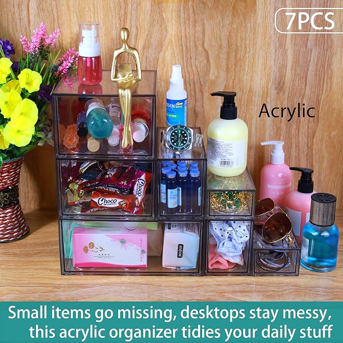 7 Pack Acrylic Makeup Organizer Clear Stackable Storage Drawers Tall Acrylic Bathroom Makeup Organizer for Cosmetic,Beauty Supplies,Ideal for Vanity, Undersink,Cabinet,Desk Home Organization