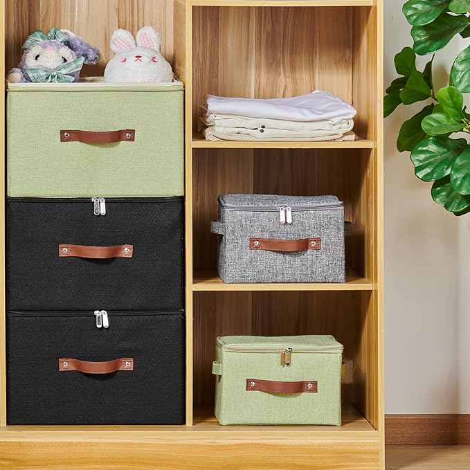 4 Pack Storage Bins with Zipper Lid Cotton Linen Fabric Lidded Storage Baskets Boxes Foldable Washable Closet Shelf Clothes Organizer Container with PU Leather Handles (Gray, Large)