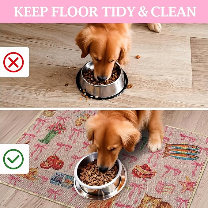SHIYUE Dog Food Mats for Floors, Absorbent Cat Bowl for Food and Water, Non-Slip Accessories Pet Supplies(16"x24",Pink Bow Food)