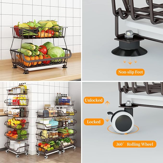 Miyawell Fruit Vegetable Storage Basket for Kitchen - 4 Tier Stackable Metal Wire Baskets Cart with Rolling Wheels Utility Fruits Rack Produce Snack Organizer Bins for Pantry Bathroom Laundry Bronze