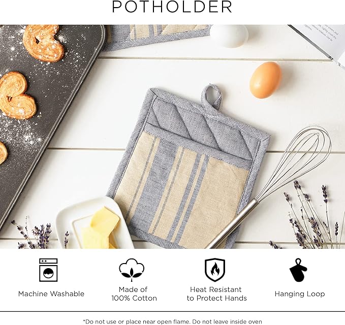 DII 100% Cotton Solid Chambray Kitchen Set, Potholders, Gray, 2 Piece