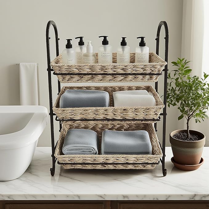 Stackable Candy Display Rack with Rattan |Stackable Candy Organizer|Multi-Function Snack Rack&Shelf for Chips |Perfect Display Solution for Stores (Brown, Large)