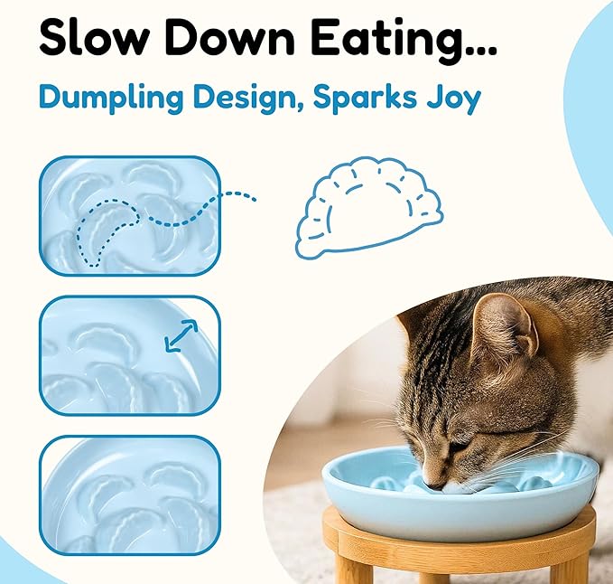 Slow Feeder Bowl, 6.3″ Elevated Cat Bowl with Stand, Melamine Wide Shallow Food Bowl, Whisker-Friendly Raised Plate, Wet Food Feeder for Slow Eating (Blue)