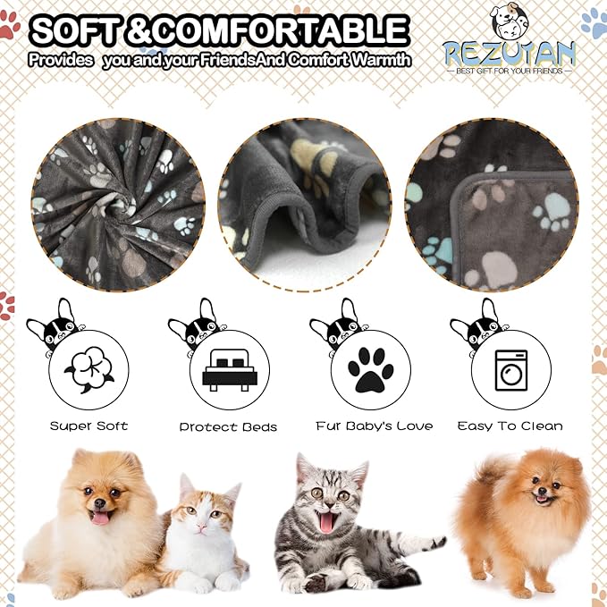 Rezutan Dog Blankets for Medium Dogs, Upgraded 3 Pack Dog Cat Blanket Washable, Soft Pet Mat Throw Cover Suitable for Kennel Crate Bed, Cute Paw Pattern, 30"x20", Grey