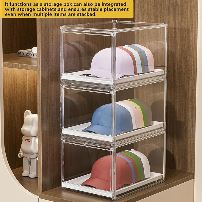 Hat Organizer Cap Box, Stackable Clear Baseball Caps Holder Containers with Magnetic Door for Hats Snapback Cap Storage, Pull Out Drawer Hat Rack Display Case (3pack)