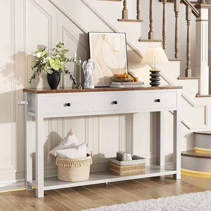 Homieasy Farmhouse Console Table with 3 Drawers, 47 Inch Wood Sofa Table with Storage Shelf for Living Room, Behind Couch, Entryway Table for Hallway, Living Room, or Foyer, Brown and Antique White