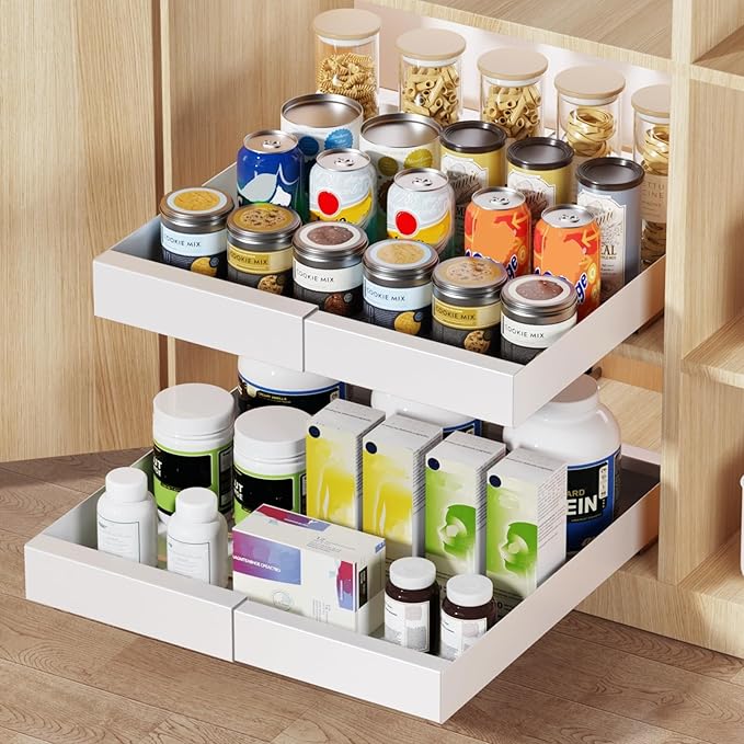 Delamu 21" Deep Pull Out Cabinet Organizer, Expandable (12.3 "-20.8" W) Pull Out Drawers for Cabinets, Expandable Slide Out Drawers for Kitchen, Cabinets, Bathroom, Pantry Storage, White, 1 Pack