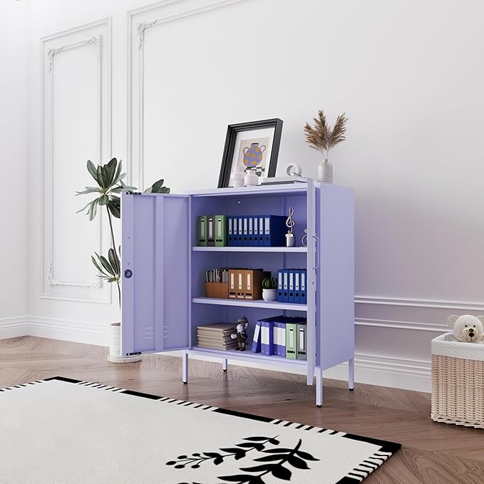 Purple Heavy Duty Metal Storage Cabinet, Multifunctional Lockable Cabinet with 3 Adjustable Shelves, Secure Industrial Organizer for Home Office School, Easy Assembly, 40" H x 31.5" W x 15" D