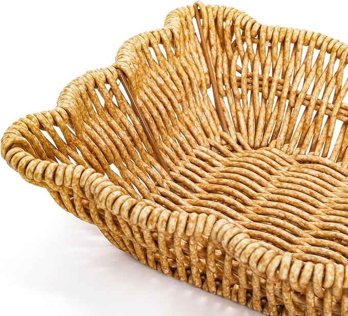 Jucoan 3 Pack Poly Wicker Bread Baskets, Imitation Rattan Fruit Baskets, Rectangular Tabletop Woven Serving Baskets Trays for Fruits Vegetables and Snacks, Restaurant Hotel Kitchen