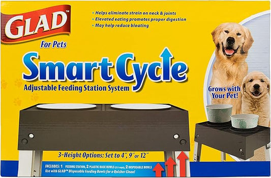 Glad for Pets Smart Cycle Adjustable Feeding Station System | Elevated Dog Bowl Inserts With 3 Height Options for Dogs | Includes 4 Disposable Dog Bowls