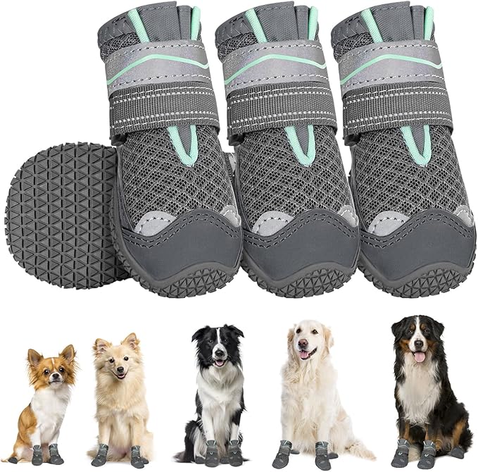 SlowTon Dog Shoes for Large Small Medium Dogs - Breathable Dog Boots for Summer Hot Pavement, Paw Protector for Outdoor Walking Winter Snow, Anti-Slip Rubber Dog Booties for Hardwood Floor (GY 2)