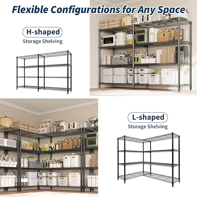 4 Tier Storage Shelving Unit Metal Shelves 70.8" W Wire Shelving, 59" H L-Shaped Pantry Shelves Kitchen Storage Shelves for Home Commercial Garage Heavy Duty, 70.8" W x 59.4" H x 15.7" D